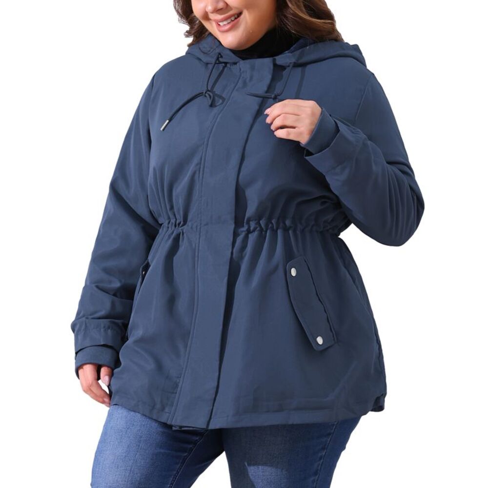 Plus Size Rain Waterproof Fleece Lined Hooded Windbreaker Coat Navy Blue - Picture 2 of 6